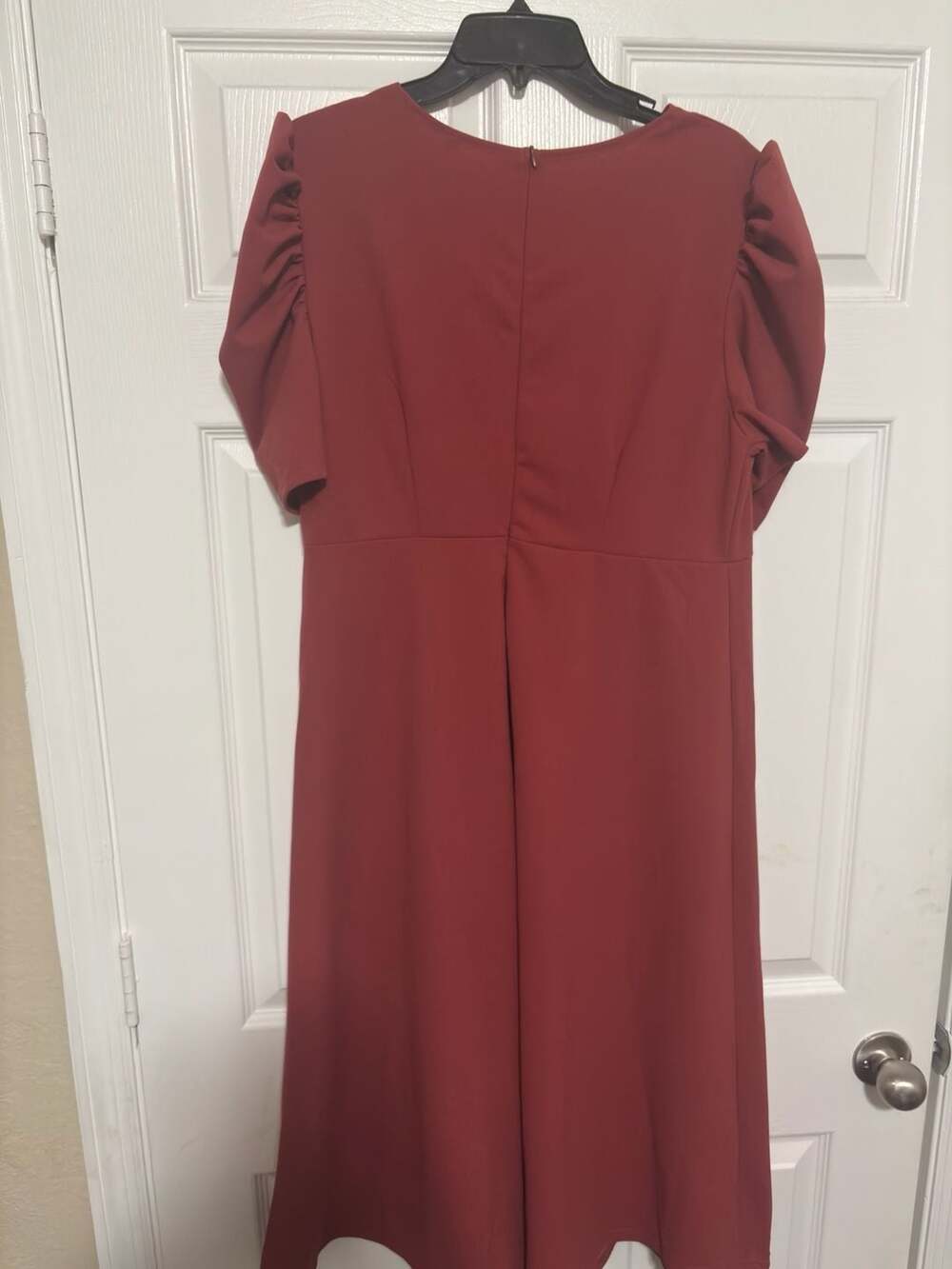 Rusty Orange Belted Midi Dress with Puff Sleeves - Picture 8 of 8